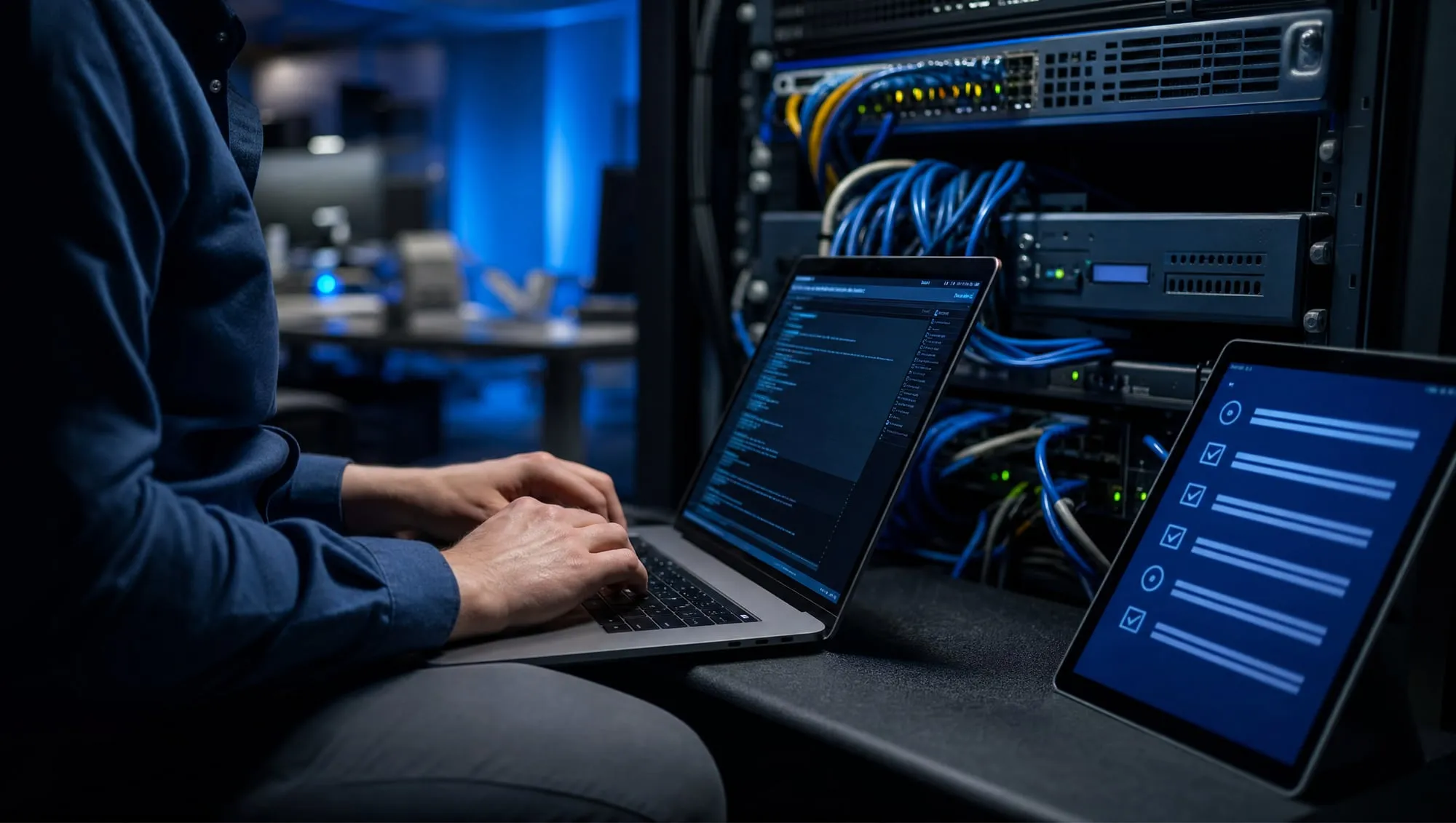 Engineer running diagnostics on a laptop beside an office network rack