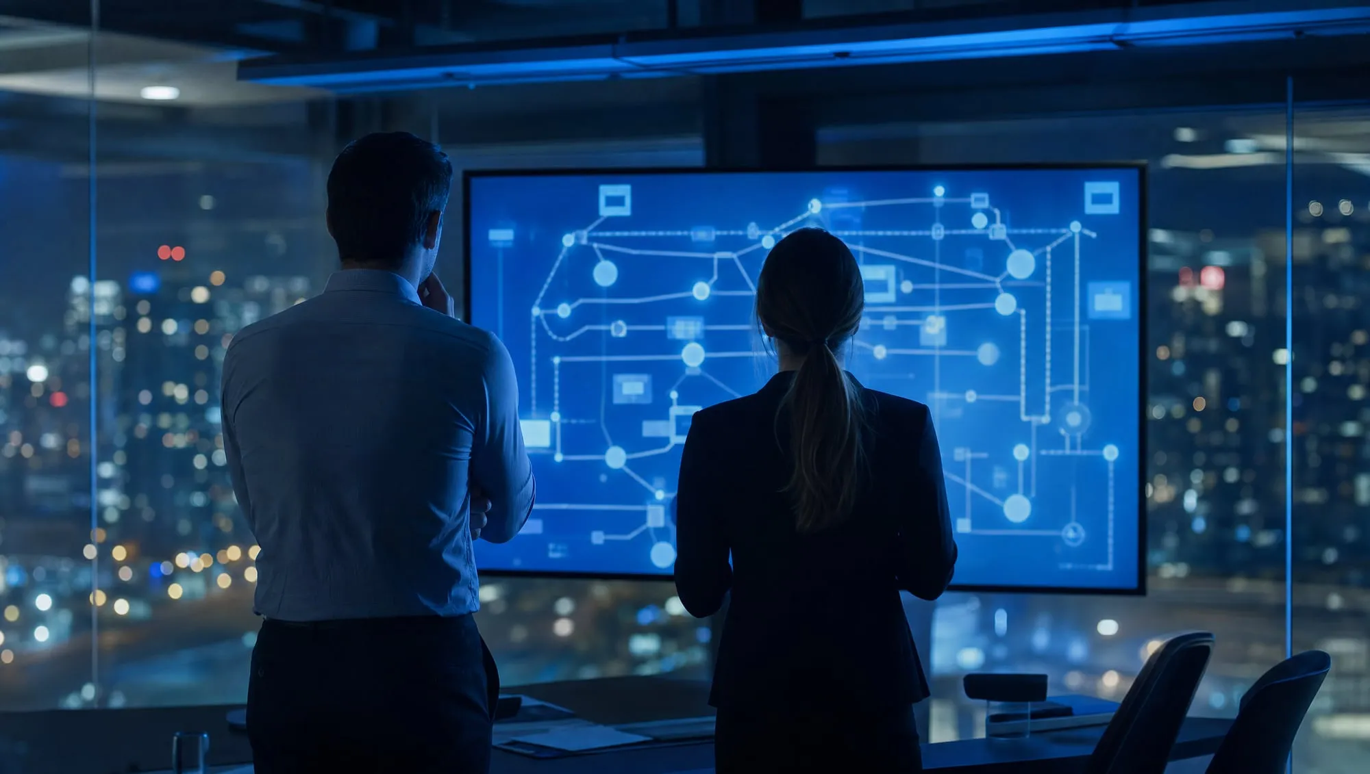 Two professionals reviewing a network diagram