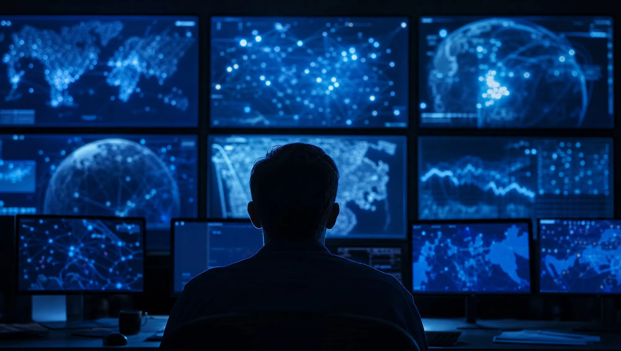 Security operations monitors showing network maps