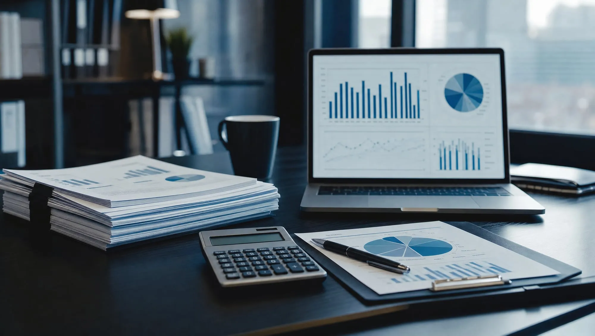 Financial statements and charts on a CPA's desk