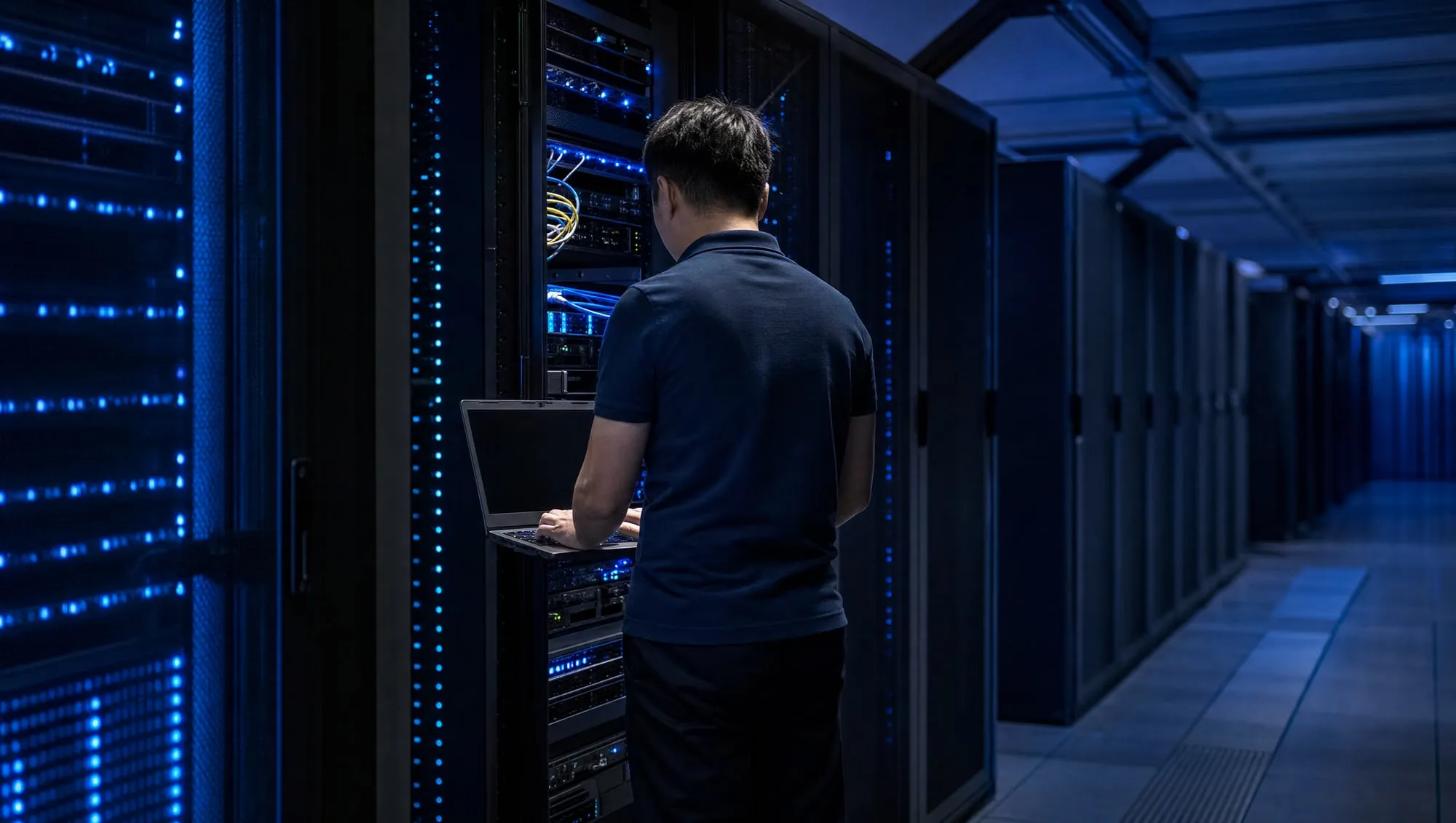 IT technician working at a server rack