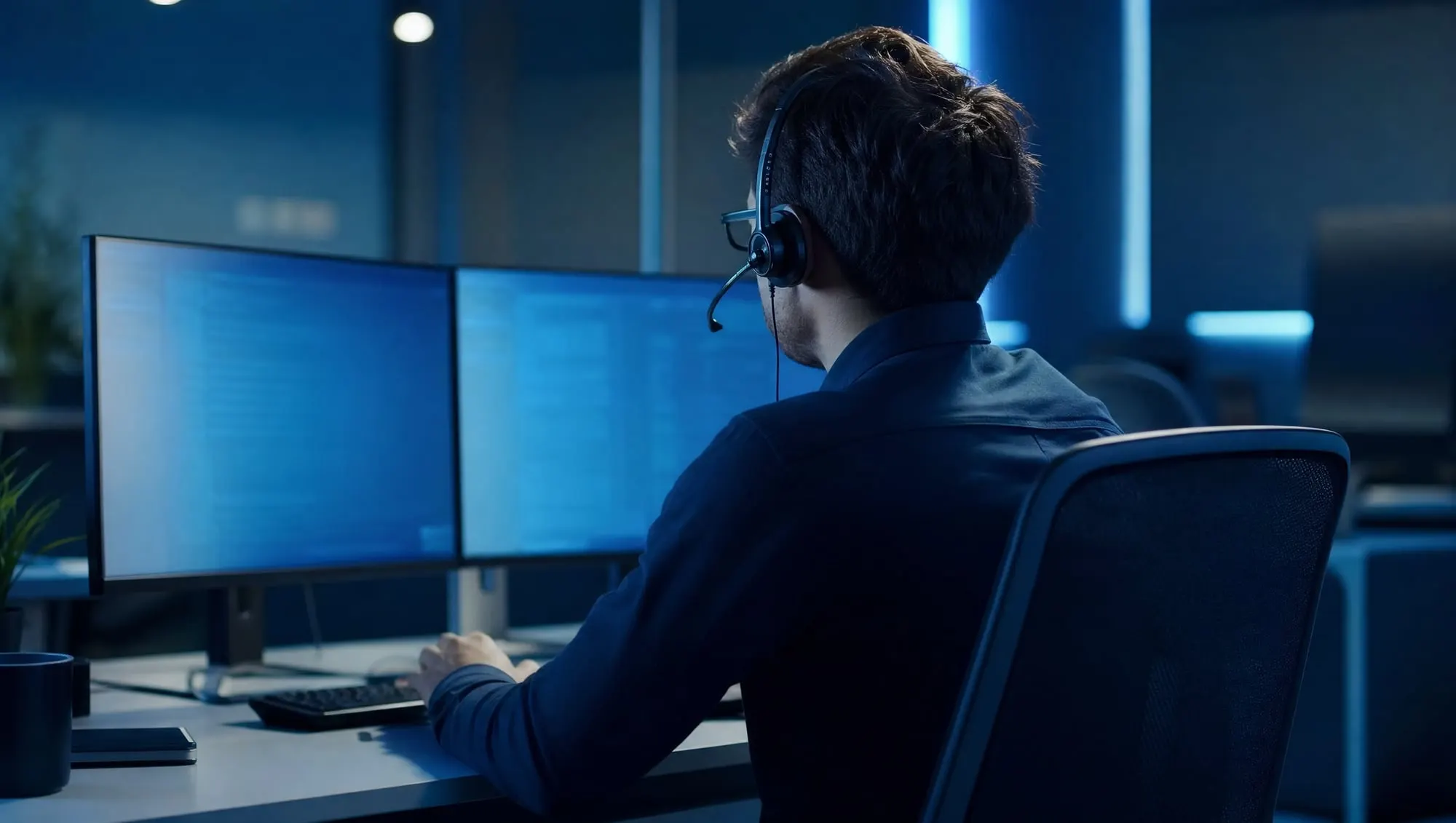 IT support specialist wearing a headset at a workstation with two monitors