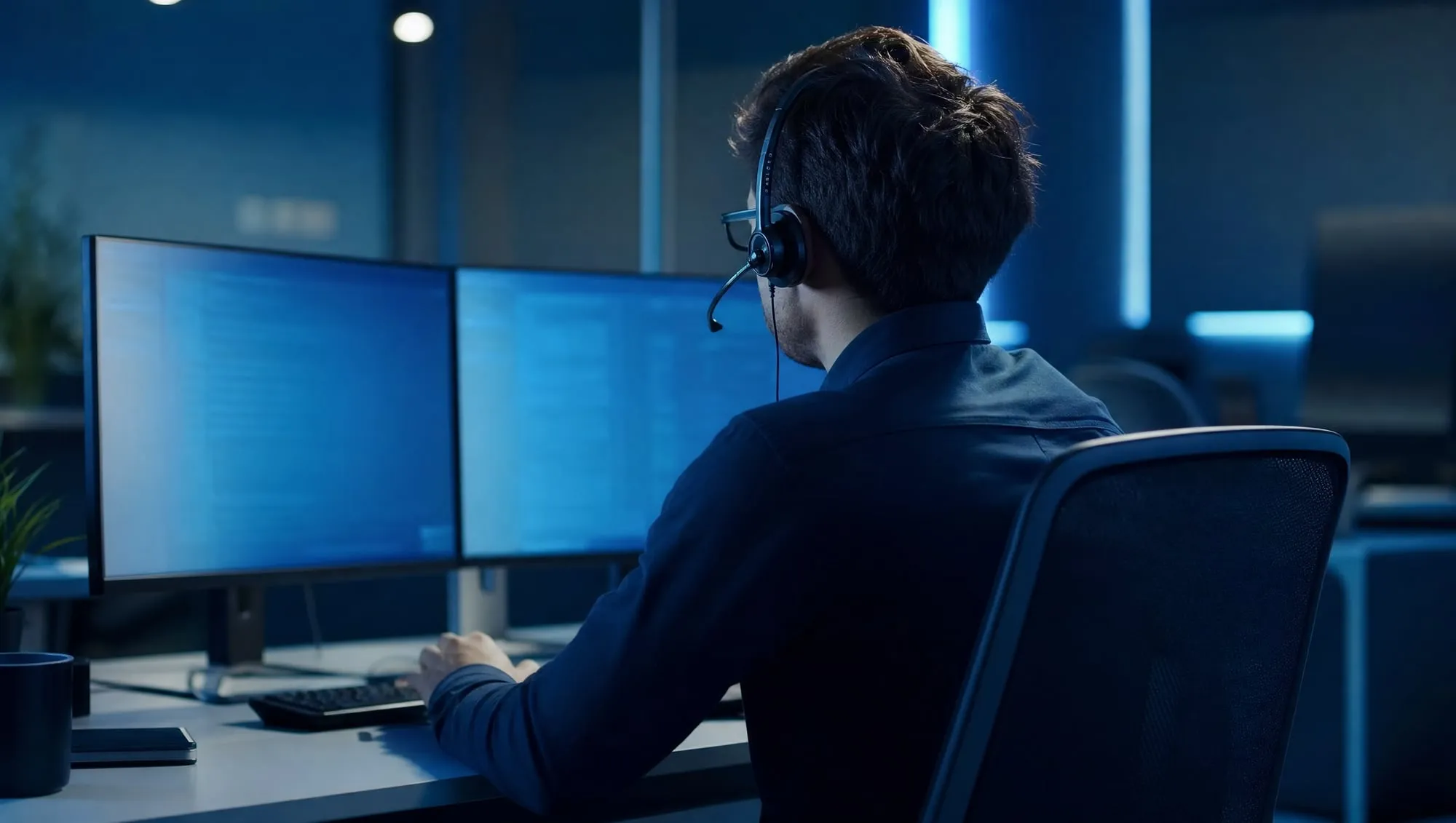 IT support specialist with a headset at a workstation