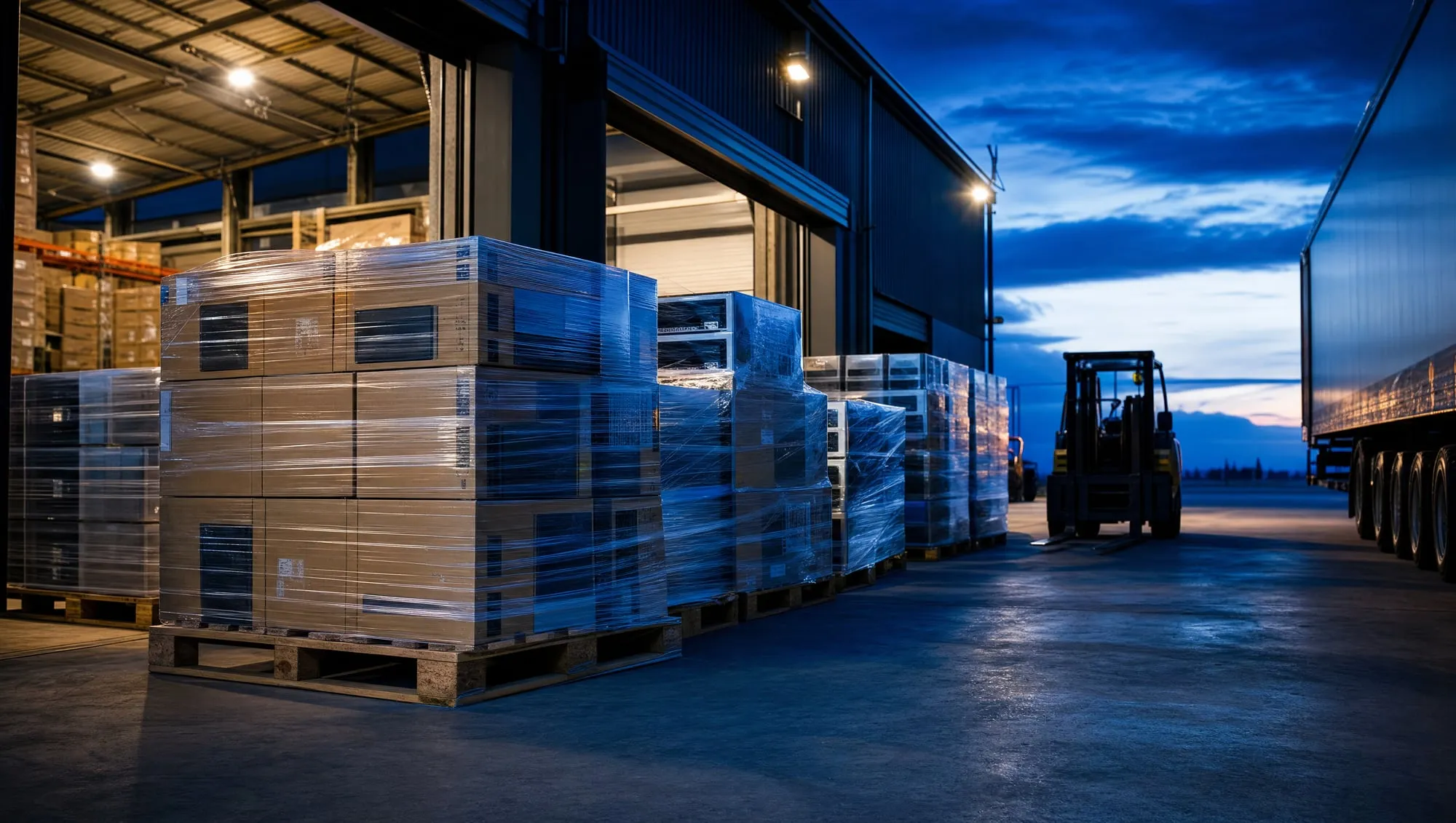 Pallets of boxed IT equipment staged for shipment