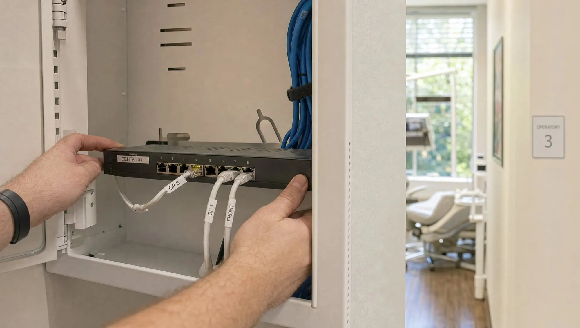 Hands connecting labeled patch cables to a network switch in a wall cabinet