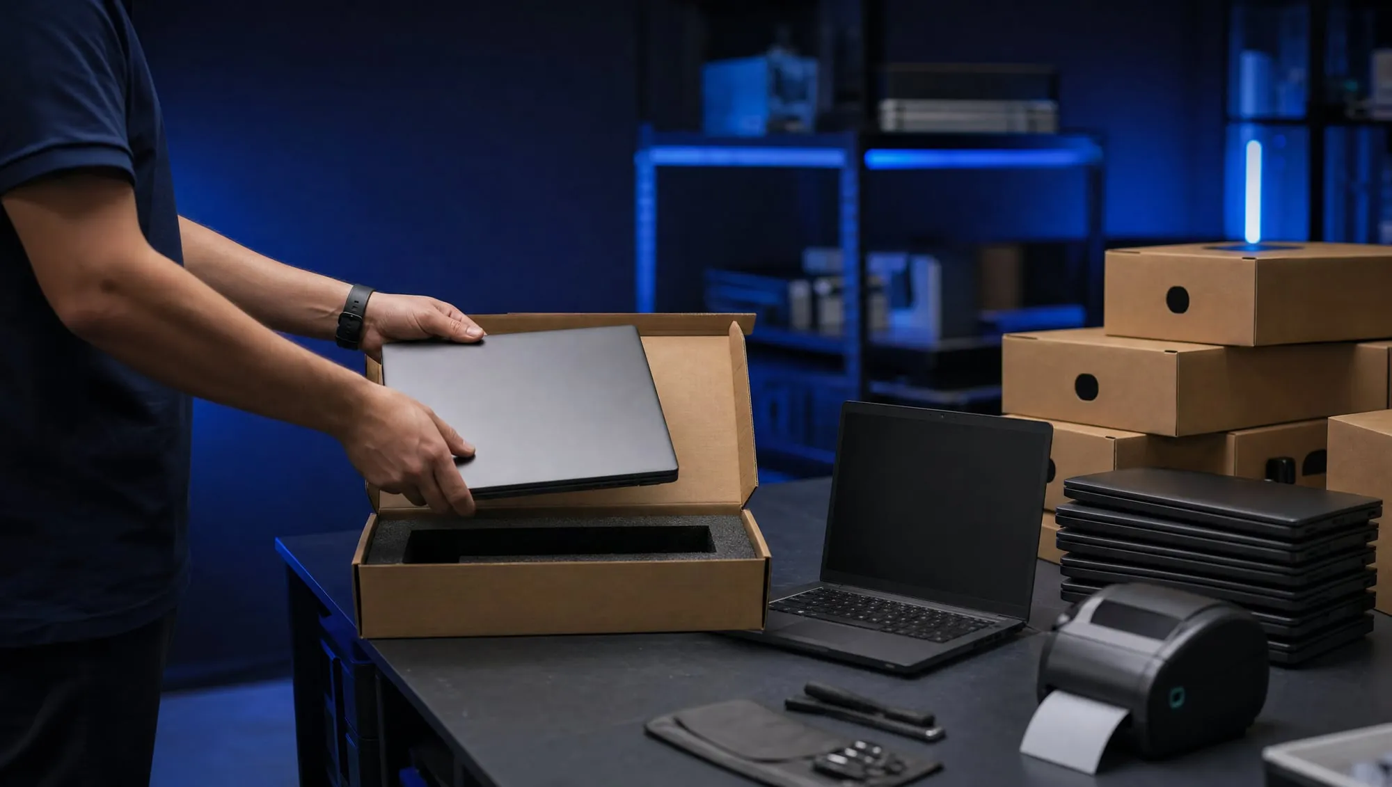 New business laptops being configured on a workbench